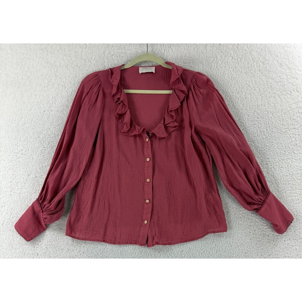 Auguste Button-Up Shirt‎ Womens Size 2 Red Long Sleeve V-Neck Ruffle Lightweight